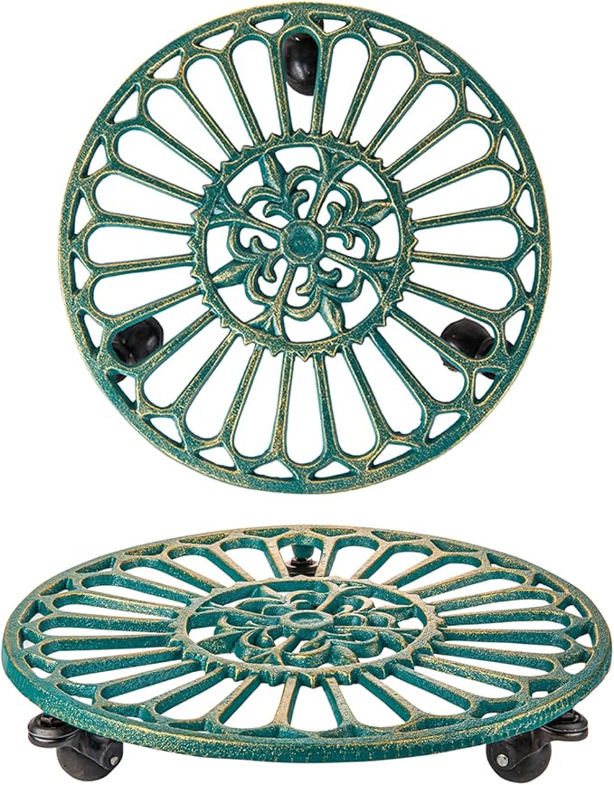 Sungmor Cast Iron Plant Caddy with Wheels, 2PC 14.8" Large & Heavy-duty Rolling Plant Stands, Pretty Garden Pots Tall Planter Dolly, Round Flower Pot Mover Metal Plant Pallet Trolley Tray with Casters