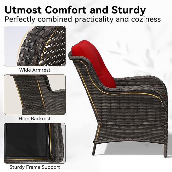 6 Piece Outdoor Wicker Patio Furniture Set, Patio Chairs Set with Thickened Olefin Cushions, High Back and Deep Seating, Hand-Woven PE Rattan, Ottoman for Porch, Deck