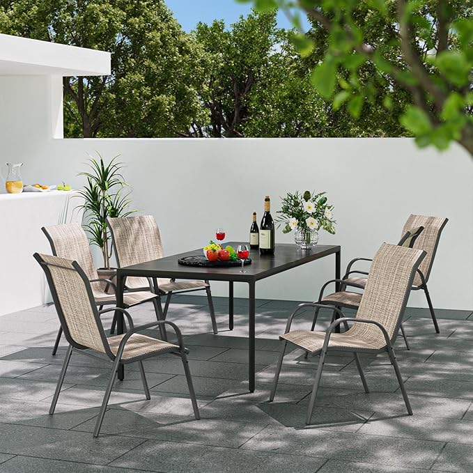 Patio Dining Chairs Set of 4, Outdoor High Stacking Chairs for All Weather, Breathable Seat Fabric and Alloy Steel Frame for Backyard, Porch, Garden (Brown)