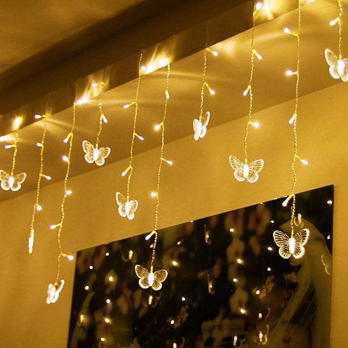 Decorman Butterfly Curtain Lights, 4.9ft 48 LED USB Window Fairy Lights 10 Butterflies 8 Modes Firefly Twinkle String Lights for Room Bedroom Wall Ceiling Party Wedding Christmas (Warm White)