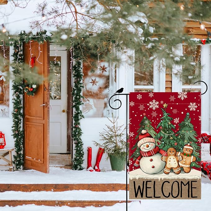Welcome Garden Flag Winter Snowman Gingerbread Man Pine Trees Christmas Yard Flag 12x18 Inch Double Sided Small Mini Yard Outdoor Outside Xmas Holiday Party Decoration