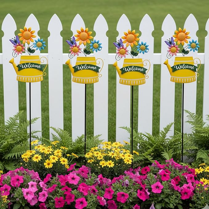 48inch Spring Metal Flowers for Outside with Decorative Butterfly, Tall Flower Garden Stakes Metal Welcome Signs for Outside, Yard, Lawn, Pathway, for Mom