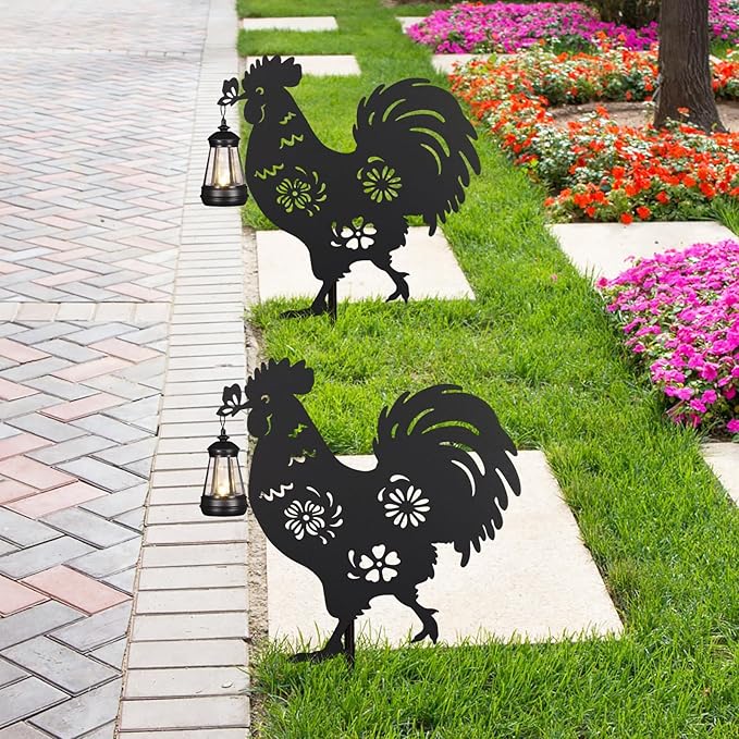 2Pack Solar Outdoor Garden Lights Stakes Solar Metal Flower Rooster Lawn Deco Statue Ideal for Chicken Lovers for Yard Art, Outside, Patio, Outdoor Decor, Garden Decorations, Lawn Ornaments