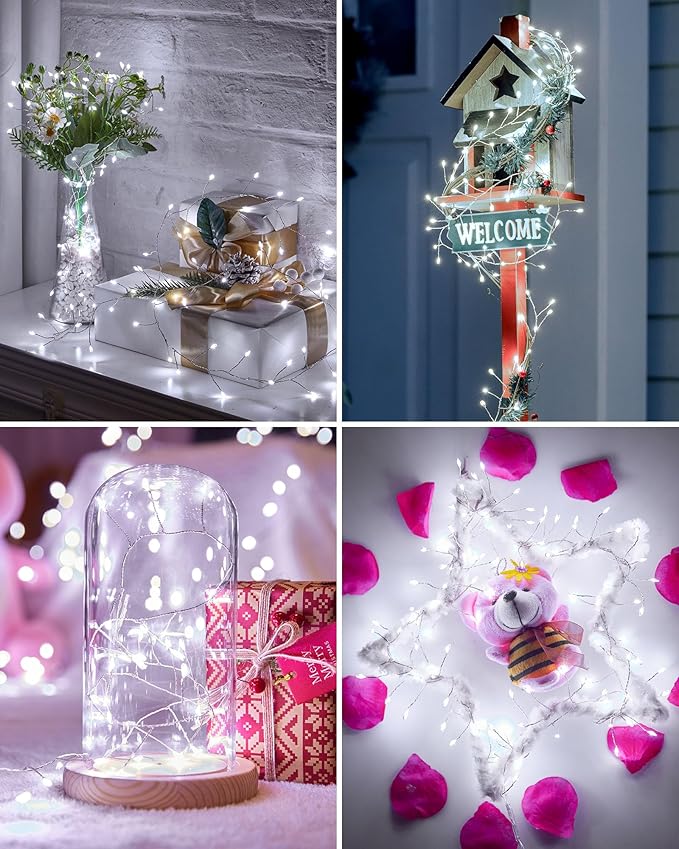 Fairy Lights Battery Operated, 10Feet 120LEDs Firecracker String Lights Waterproof Silver Wire Starry Firefly Light for DIY Wreath Home Weeding Indoor Outdoor Christmas Decorations, Pure White