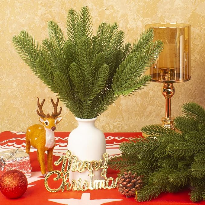 Grunyia 50 Pcs Artificial Pine Branches Fake Greenery Plants Pine Picks DIY Accessories for Garland Wreath Christmas and Home Garden Decor