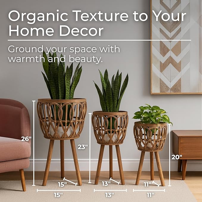 Set of 3 Woven Decorative Planter Pot with Stand – Wooden Bamboo & Plywood Outdoor & Indoor Plant Pot – Boho Garden & Home Decor Planters – 20", 23", & 26", Brown