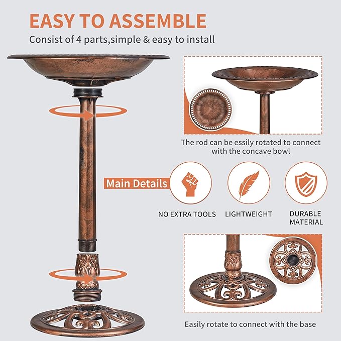 VECELO 28" Pedestal Outdoor Bird Bath for Outside, Vintage Bronze Polyresin Lightweight Antique, Yard/Garden Decoration, Bronze
