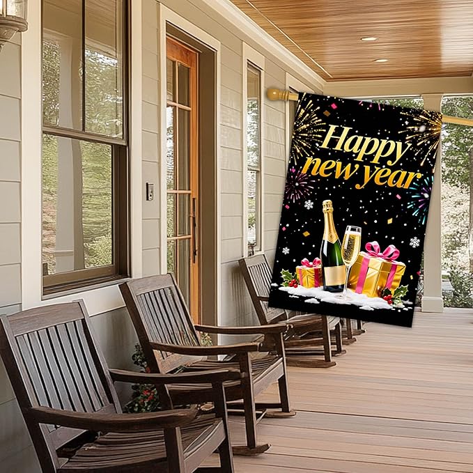 Happy New Year House Flag 28x40 Inch Champagne Bottle Gift Boxes and Fireworks Garden Flag Black Gold Holiday Outdoor Yard Decoration Celebration Banner for Home Porch Lawn