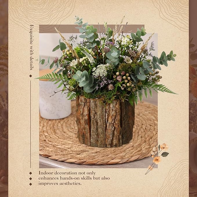 6 Set Wooden Vase for Centerpieces Wooden Flower Vase with Flower Mud Rustic Bark Stump Buckets Vintage Wood Planter Pots for Woodland Party Wedding Window Home Farmhouse Table Decor