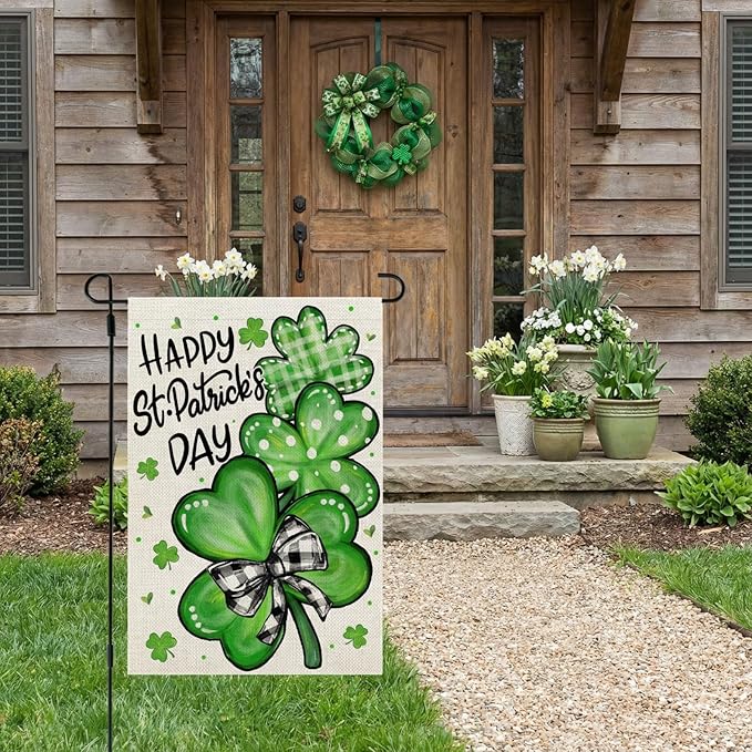 CROWNED BEAUTY St Patricks Day Garden Flag Shamrocks Clover 12x18 Inch Double Sided Green Holiday Decoration for Outdoor Lawn Yard CF1928-12