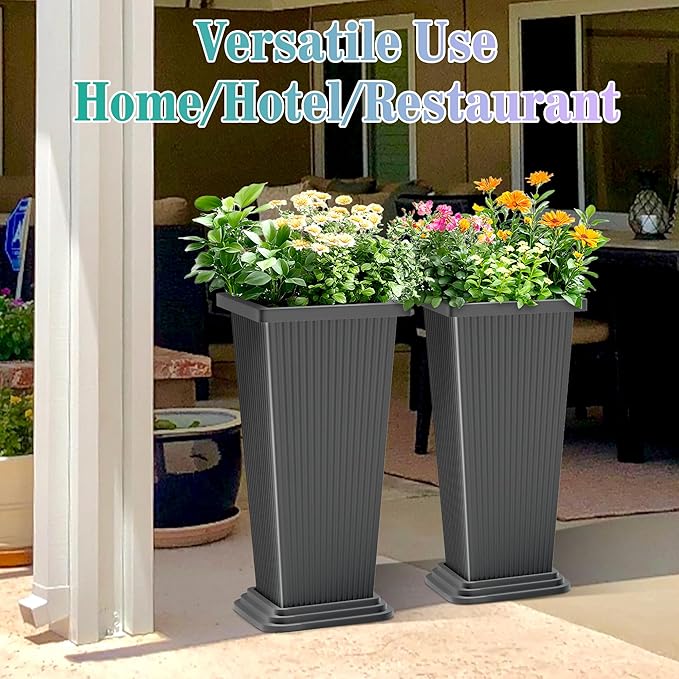 TUYOHW 24 Inch Tall Tapered Square Planters (Set of 2) - Indoor Outdoor Large Flower Pots with Built-in Drainage & Matching Water Tray for Patio, Garden, Home - Gray
