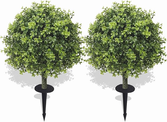 R’s Ceder Artificial Boxwood Topiary Ball Trees, 2 Set of 19'' UV Resistant Fake Evergreen Shrubs Bushes Plants with Ground Spike Fake Plants for Outdoor Indoor Front Porch Garden