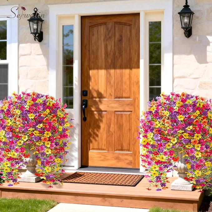 Serwalin 6PCS Artificial Fall Flowers for Outdoors Decoration, Realistic Silk Artificial Fall Hanging Flowers for Patio, Garden, Porch, Window, Outside (Yellow, Hot Pink, Purple &Orange,6PCS)