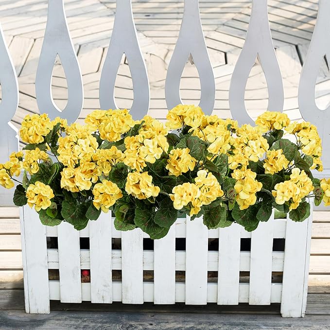 Uqueeten 4PCS Fake Flower Artificial Geranium,Artificial Flowers for Outdoors, Geraniums Artificial Flowers Realistic,Artificial Geraniums for Outdoors Fake Plant Decoration((Yellow) 14.4"