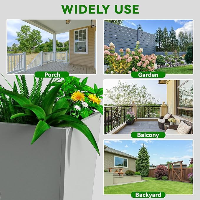 NUWJBYE Tall Metal Planter Box, 15" L x 15" W x 30" H 2-Pack Outdoor Planters with Removable Tray, Heavy Duty Steel Front Porch Planters for Patio, Balcony, Indoor(Gray)