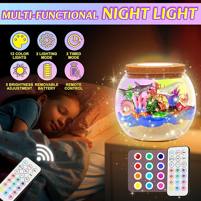 Hannstar Ocean Light Up Terrarium Kit for Kids - Sea Animal Toys LED Night Light Ocean Shark Birthday Gift for Boys & Girls Ages 4 5 6 7 8-12, Kids Arts & Crafts Kit
