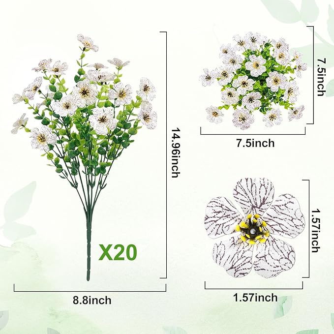 Besteek 20 Bundles Artificial Flowers for Outdoors Decoration Fake Silk Flowers UV Resistant Faux Plants Artificial Daisy Eucalyptus for Spring Summer Garden Yard Porch Window Home Decor, White
