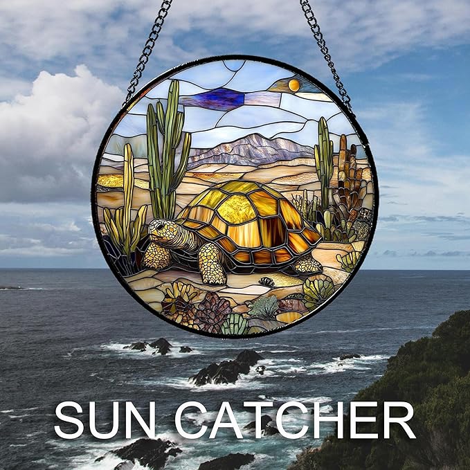 Stained Glass Window Hanging Golden Turtle Cactus Landscape Large 15" - Suncatcher Door Garden Sunroom Sun Catcher Home Decor Birthday Christmas for Mom Men Woman Nana