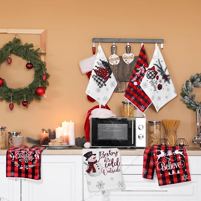 Hahafelt 12 Pcs Holiday Kitchen Towels, 16 x 24 Inch Seasonal Decorative Hand Towels, Valentine St Patrick's Day Easter Dish Decor with Truck Shamrocks Heart Bunny for Kitchen Bath(6 Pcs,Christmas)
