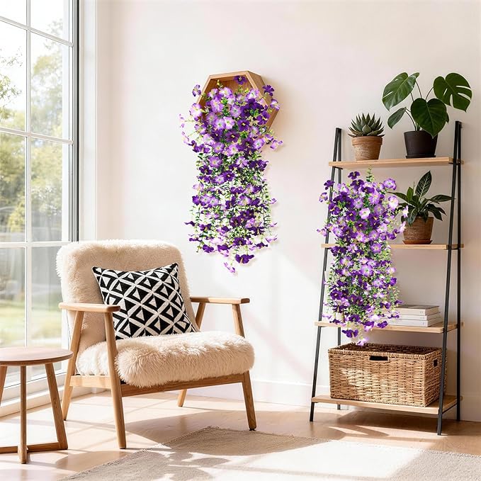 Artificial Fake Hanging Flowers Plants for Outdoor Spring Decoration,2 PCS Faux Silk Morning Glory with Eucalyptus Leaves,UV Resistant Realistic Trailing Vines for Balcony Porch Patio Yard Garden