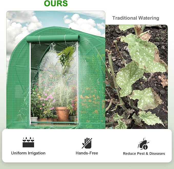 10x7x7 FT Greenhouse for Outdoors with Watering System, Winter Portable GreenHouses with Dual Zippered Door and 6 Roll-up Windows, Large Walk-in Green Houses with Heavy Duty Reinforced Frame