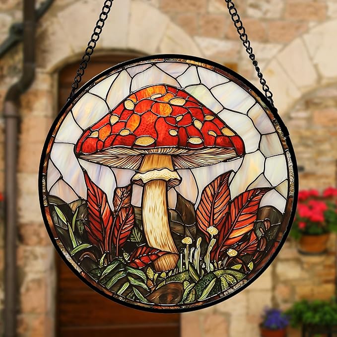 DASTOLL Stained Glass Window Hanging, Big Red Mushroom Suncatcher for Doors Home Sun Catchers Decoration and Christmas, Mother's Day Birthday Gifts for Women, Men, and Mom 9.8 in