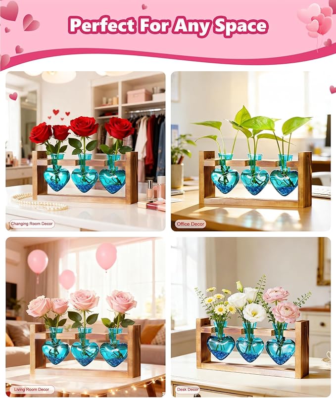 Nacome Plant Terrarium Propagation Stations: Valentines Day Gifts for Her Plant Lovers Women Mom Wife Daughter - 3 Bulb Glass Vase with Wooden Stand Tabletop for Hydroponics Indoor Office Home Decor