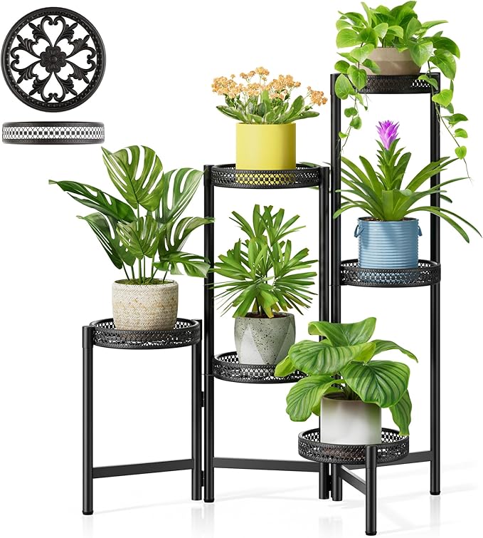 NQW 6 Tier Metal Plant Stand Indoor Outdoor, Corner Tall Plant Shelf for Multiple Plants, Foldable Heavy Duty Plant Holder, Decoration Flower Stand for Living Room Balcony Patio Garden- BlackWave