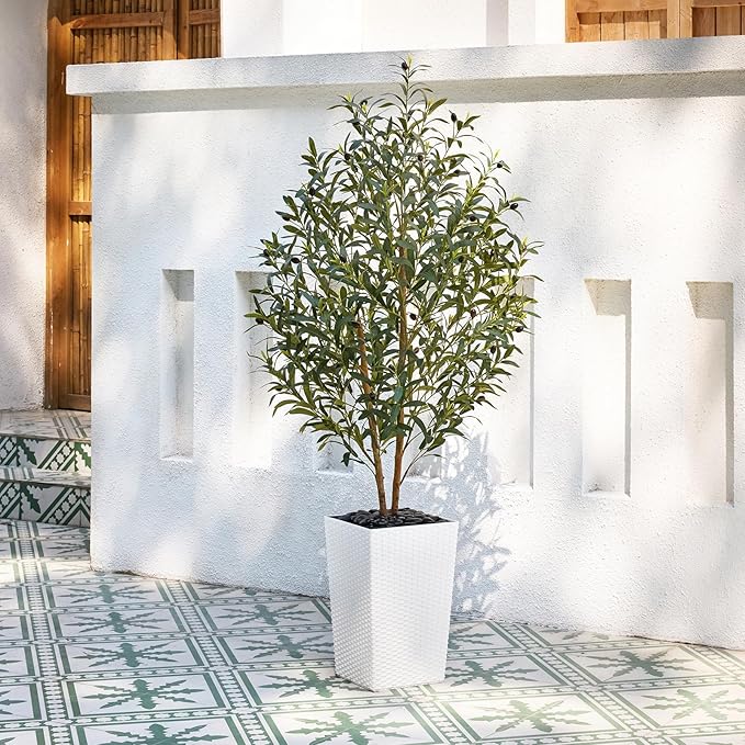 OAKRED Artificial Olive Tree 5FT Faux Olive Tree - Adjustable Branches UV Resistant with White Taper Planter and Pebbles - Faux Plants Indoor for Living Room, Office Decor and Bedroom