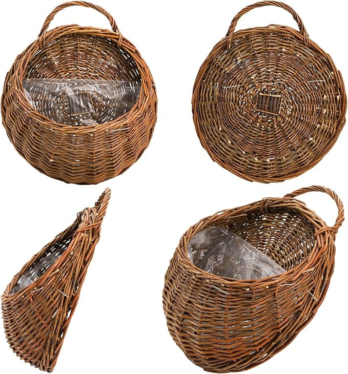 Foraineam Handmade Woven Hanging Basket, Natural Wicker Storage Basket Wall Hanging Flower Pot, Rattan Hanging Planter Container for Home Garden Wedding Wall Decorations