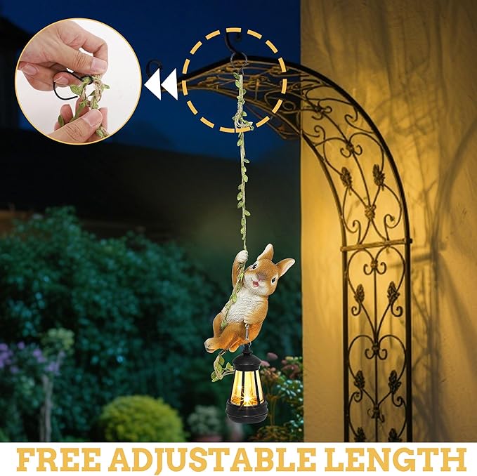 Solar Hanging Bunny Rabbit Statue, Outdoor Resin Animal Figurine with LED Lights for Garden, Fence, Porch, Patio, Yard Decor, Dusk to Dawn Auto On/Off