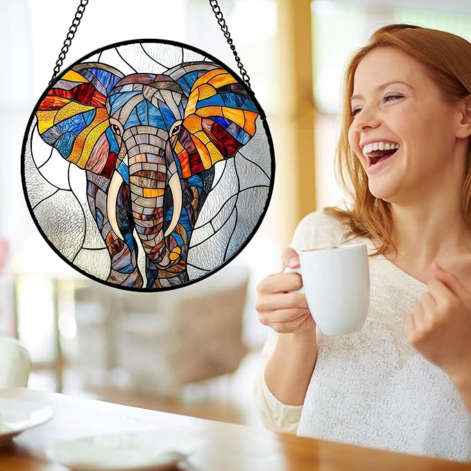 AMDERVEN Stained Glass Window Hanging, Colorful Elephant Sun Catcher for Door Home Decor Animal Suncatcher Christmas Mother's Day Birthday Gifts for Women Men Mom and Nana 6.3 in