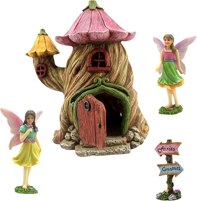 PRETMANNS Fairy House Kit - Fairy Garden Accessories for Outdoor Miniature Village Decor, with Fairies & Sign - Flower Stump House, 7" High & Door can Open Wide - 4 Piece Supplies