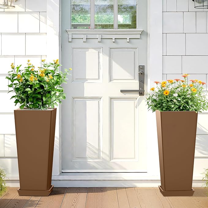 TUYOHW 24 Inch Tall Tapered Square Planters (Set of 2) - Indoor Outdoor Large Flower Pots with Built-in Drainage & Matching Water Tray for Patio, Garden, Home - Brown