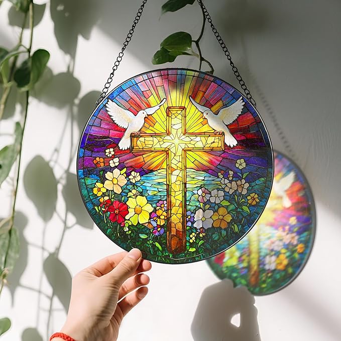 8'' Cross Stained Glass Ornament, Religious Suncatcher, Christian Window Hanging Decor, Easter Decor, Gifts for Christmas, Religious Gift, Christian Gift