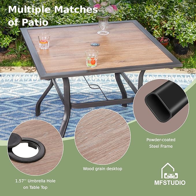 MFSTUDIO Patio Table and Chairs Set, 5 PCS Patio Dining Set with 4 Sling Dining Chairs and 1 Square Wood Like Top Table for 4, All Weather Resistant Patio Furniture, Grey