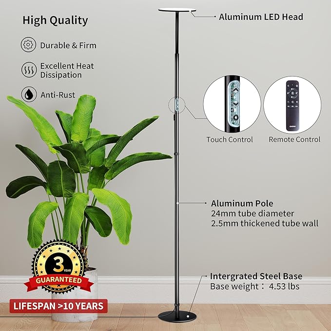 chiphy Grow Lamp, 60W Full Spectrum Grow Lights for Indoor Plants, 4/8/12H Timer, 2300K-6500K, 10 Dimmable Brigntness, 76'' Height Adjustable, Remote Control, Ideal for Tall Large Plants