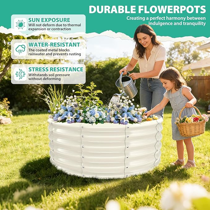 17" Tall Round Outdoor Garden Raised Garden Bed Kits-0.8MM Thick Metal Raised Planter Bed/Ground Planter Box for Variety of Flowers,Herbs,Vegetables,Trees (Cream White, 40 Dia X 16.5 inches)