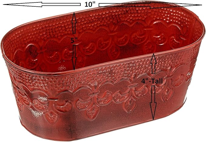 Robert Allen MPT01895 Fleur De Lis Series Metal Oval Planter Flower Pot, 10", Color Cayenne Red