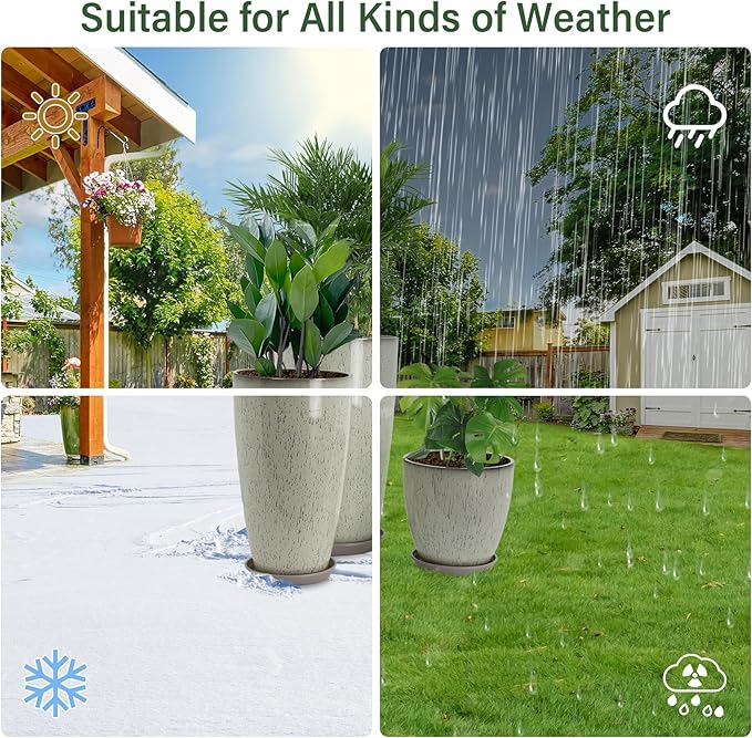 Neoaider 24/21/12 Inch Large Plastic Planter, Lightweight Ceramic-Look Tall Planters with Drain Hole & Saucers, Tall Plastic Planters for Porch, Garden, Patio, Balcony(Glaze Beige)