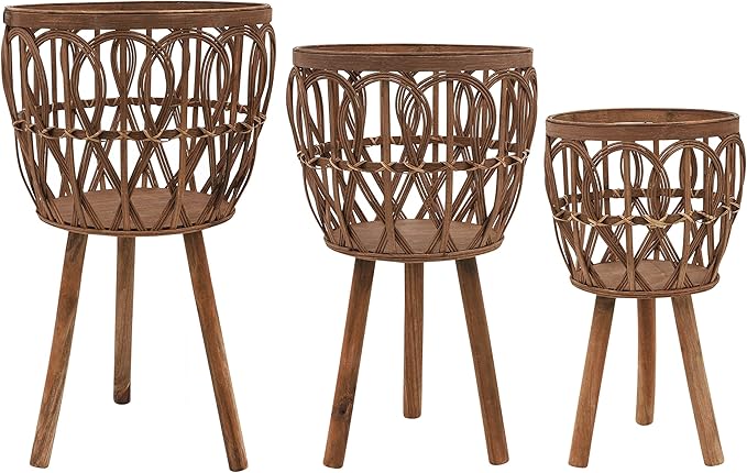 Set of 3 Woven Decorative Planter Pot with Stand – Wooden Bamboo & Plywood Outdoor & Indoor Plant Pot – Boho Garden & Home Decor Planters – 20", 23", & 26", Brown