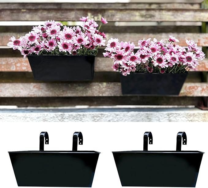 LaLaGreen Planter Box Outdoor (2 Pack, 12 Inch) Black Metal Rectangle Hanging Flower Pots, Balcony Deck Railing Fence Trendy Kitchen Strawberry Window Boxes Wall Planters for Fake Plant Holder Decor