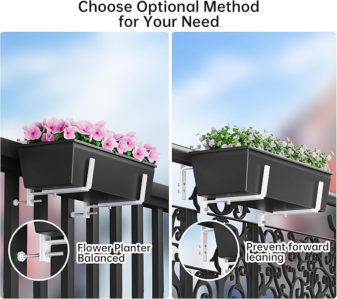 Y&M 6 PCS Adjustable Window Box Brackets for Planter Box, Heavy Duty Wall Mounted Hooks Hangers for Flower Baskets Holder White Steel Mounting Durable, Suitable for Fence Pergola Patio Garden Balcony