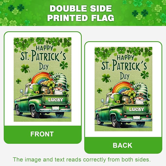 Happy St Patricks Day House Flag 28x40 Inch Double Sided Lucky Clovers Shamrocks Gnome Rainbow Truck Outside Large Holiday Flag for Yard Outdoor Decoration