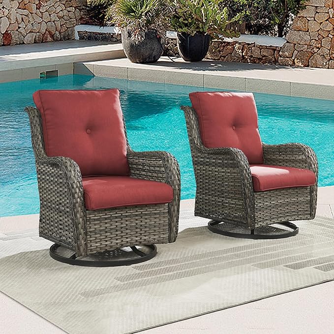 Rilyson Wicker Rocking Chair Swivel Chairs - 2 Piece Rocker Patio Chairs Set Rattan Rocking Chair for Outdoor Porch Deck Garden Backyard (Mixed Grey/Red)