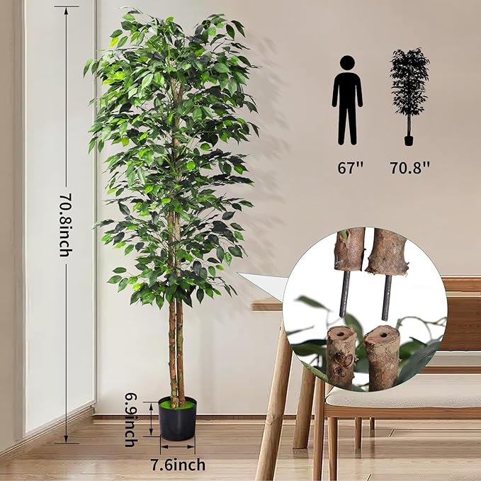 HAIHONG 2Packs 6FT Artificial Ficus Trees with Realistic Leaves and Natural Trunk, Faux Ficus Tree with Sturdy Plastic Nursery Pot, Fake Ficus Tree for Office Home Farmhouse for Indoor Outdoor Decor