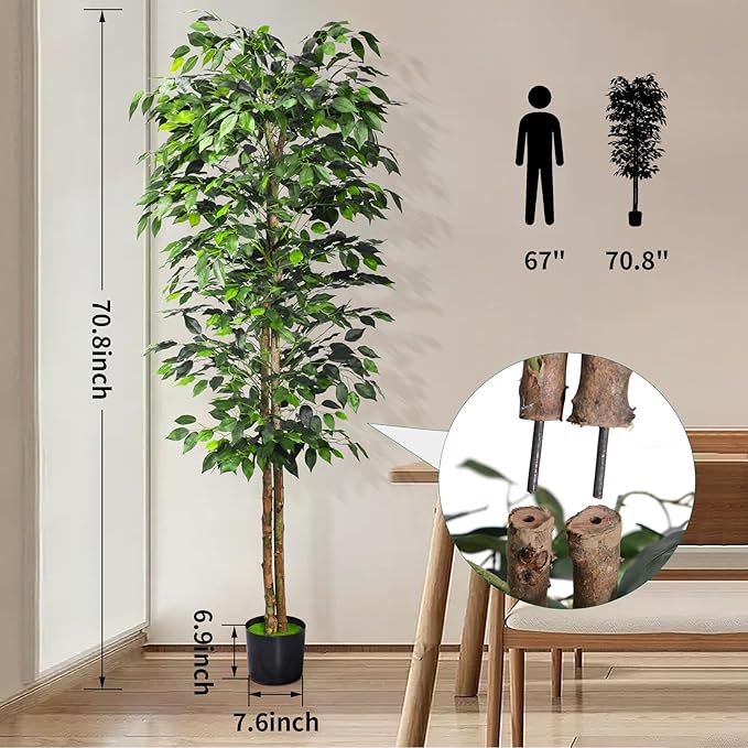 HAIHONG 1Pack 6FT Artificial Ficus Tree with Realistic Leaves and Natural Trunk, Faux Ficus Tree with Sturdy Plastic Nursery Pot, Fake Ficus Tree for Office Home Farmhouse for Indoor Outdoor Decor