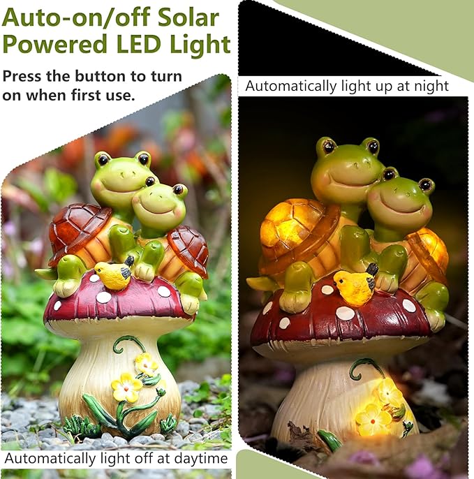 Solar Light Turtle Garden Statue, Turtle on Mushroom Figurine, Lovely Tortoise Garden Statue with 5 LED Lights for Patio, Balcony, Yard, Housewarming, Lawn Ornament, Outdoor Lawn Decor Christmas