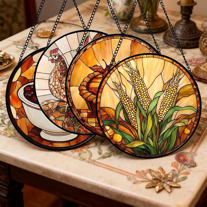 AMDERVEN Stained Glass Window Hanging 4 Pcs Set Brown Turkey Berry Corn 9.8" - Suncatcher Door Garden Sun Catcher Decor Birthday Thanksgiving Mother's Day for Mom Woman Nana Men