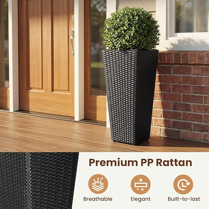HAPPYGRILL 24" Tall Rattan Plant Pots Set of 2, Outdoor Taper Planter w/Detachable Inner Flower Pots, Metal Frame & Adjustable Foot Pads, Decorative Wicker Planter Boxes for Porch Patio Backyard